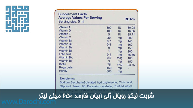 ترکیبات شربت لیکو رویال ژلی ابیان فارمد 250 میلی لیتری