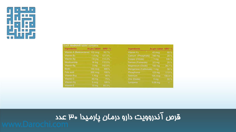 ترکیبات قرص آندروویت دارو درمان پارمیدا 30 عدد