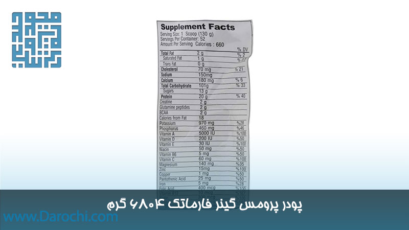 ترکیبات پودر پرومس گینر فارماتک 6804 گرم 